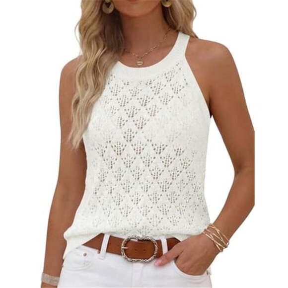 Tops - White Crochet Tank Top Sleeveless Hollow Knit Sweater Vest Boho Spring Shirt